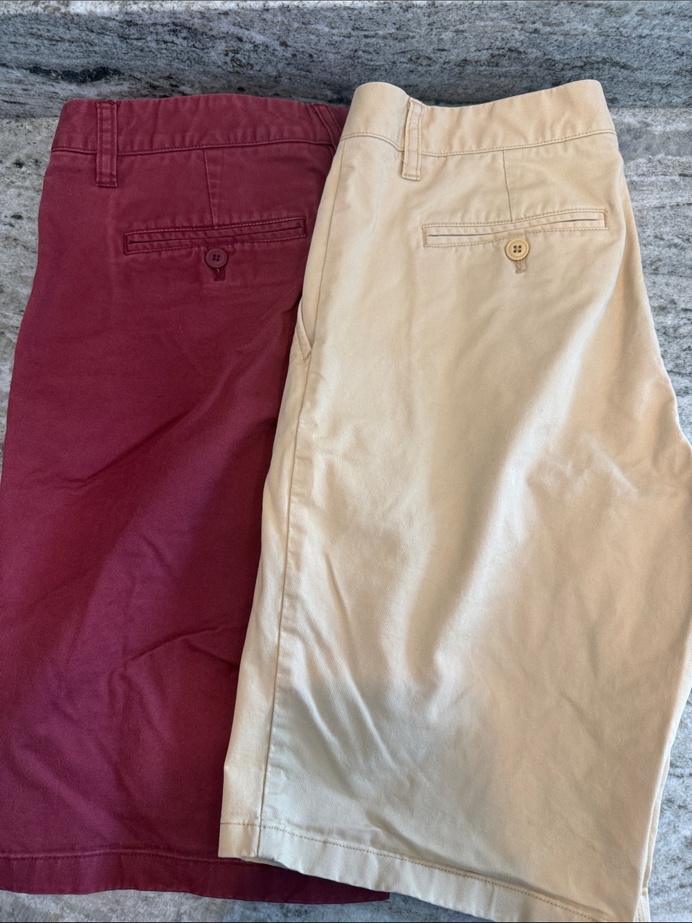 Two Pairs of Classic Chino Shorts - Burgundy Red & Cream Khaki 30” waist